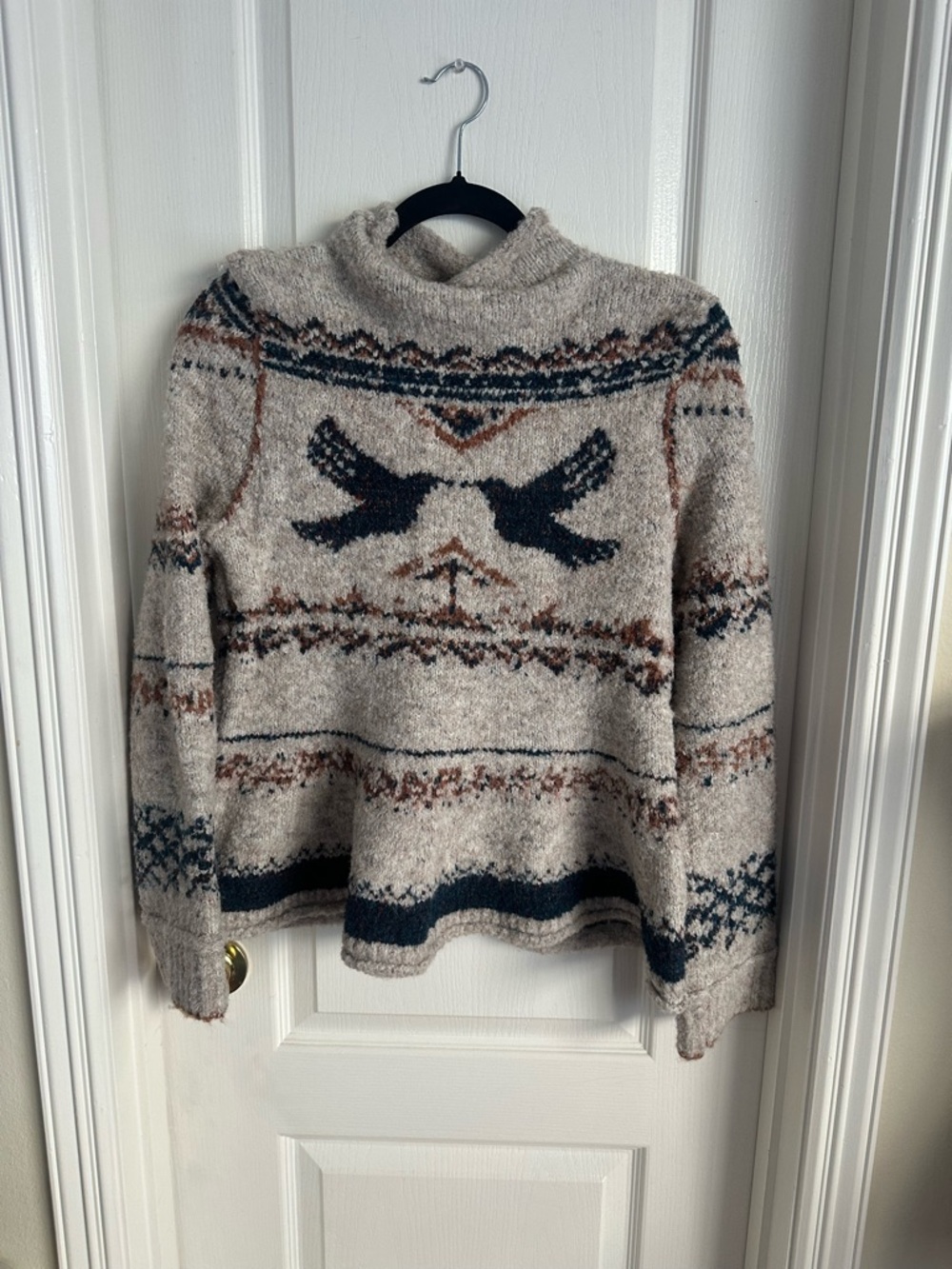 Pilcro Beige Fair Isle Turtleneck Sweater with Navy and Rust Accents